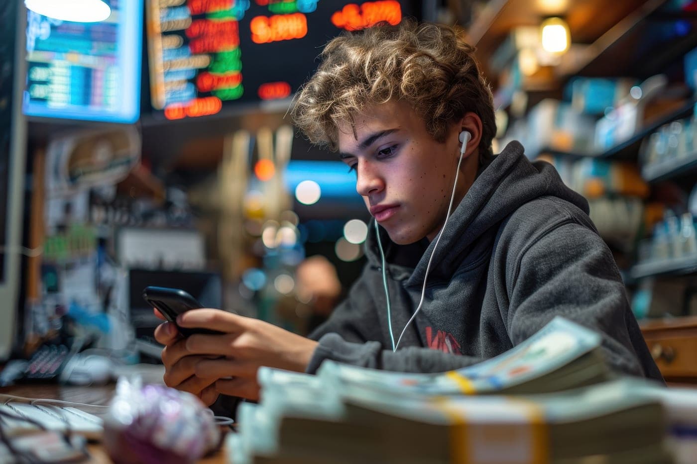 A teenager trading the markets on their phone